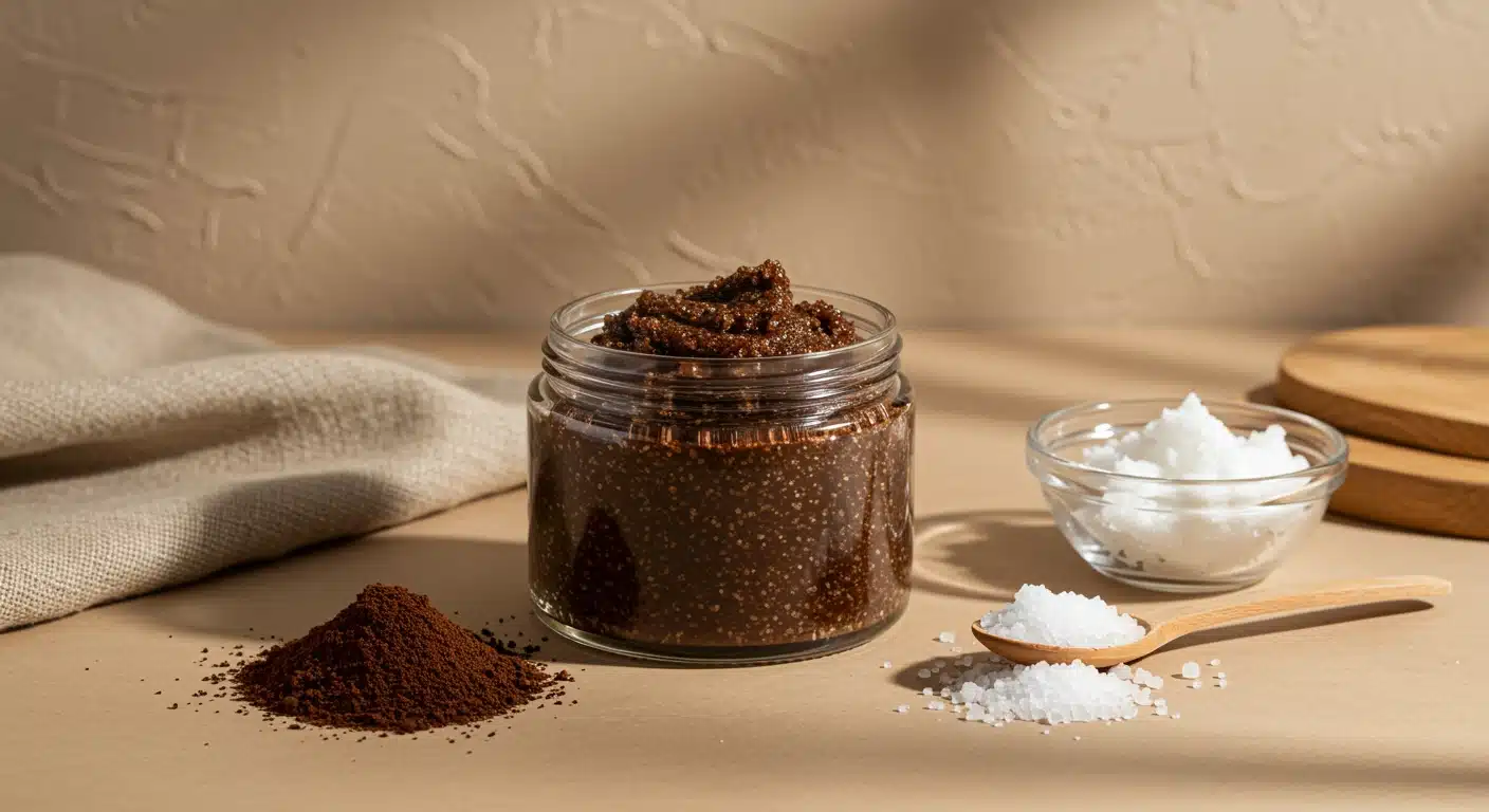 Jar of dark brown coffee scrub next to mounds of coffee grounds, white salt, and coconut oil with natural light casting shadows.