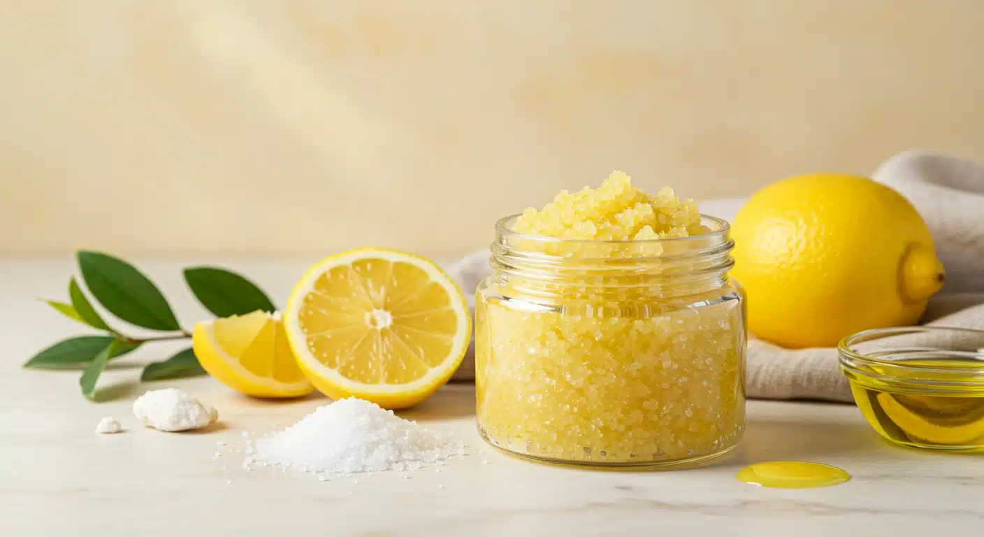 Jar of homemade lemon sugar scrub with fresh lemons, coarse salt, and oil displayed on a white marble surface.