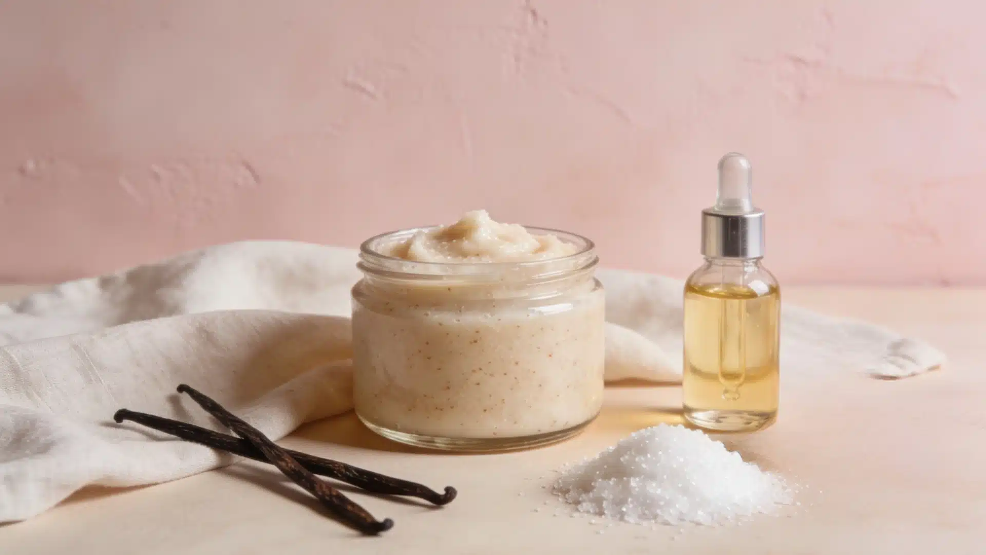 Jar of vanilla sugar body scrub with a dropper bottle of oil, salt, and vanilla beans against a soft pink background.