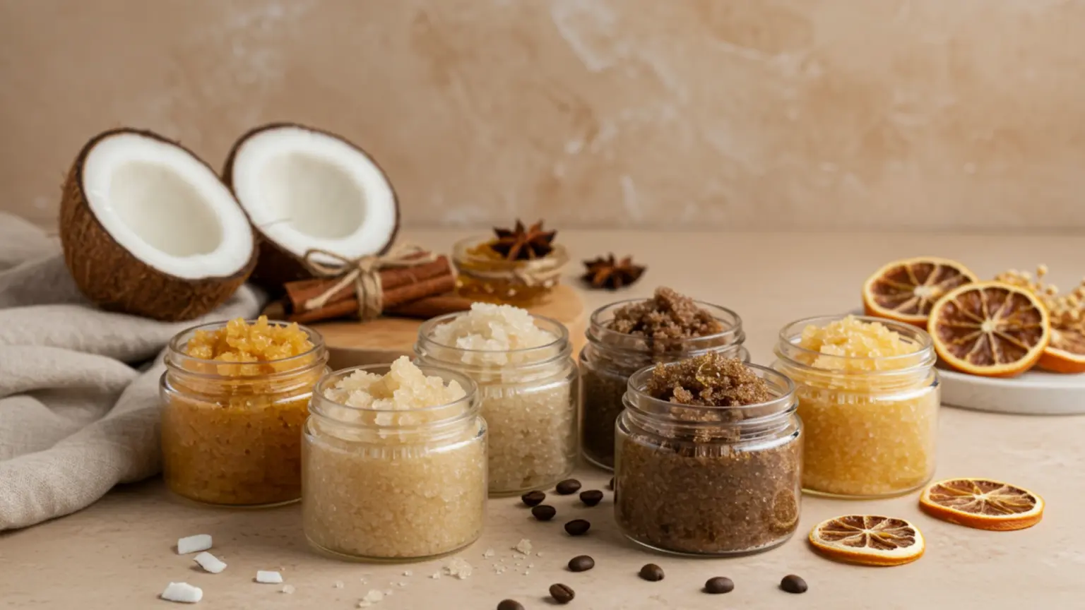 Jars of sugar scrubs in various shades, displayed with ingredients like a halved coconut, cinnamon sticks, coffee beans, and dried orange slices.