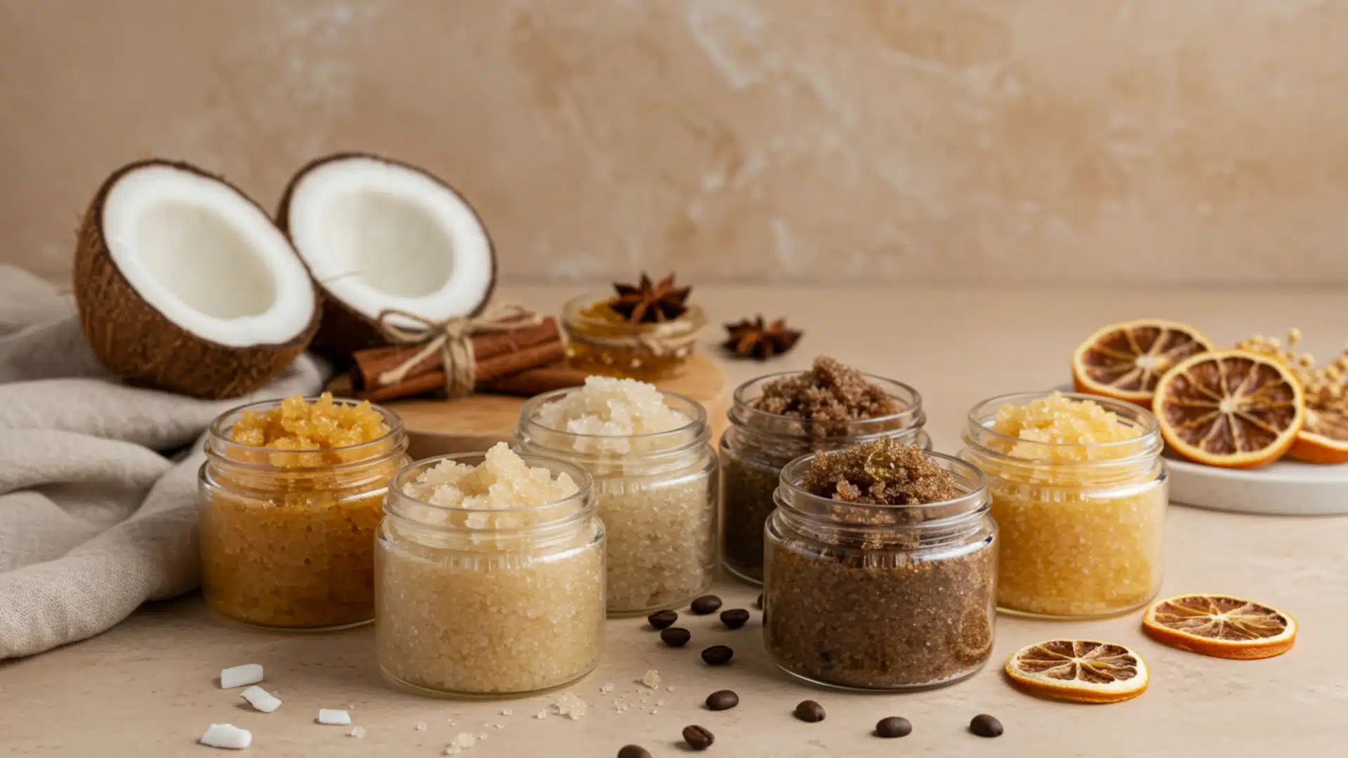 Jars of sugar scrubs in various shades, displayed with ingredients like a halved coconut, cinnamon sticks, coffee beans, and dried orange slices.