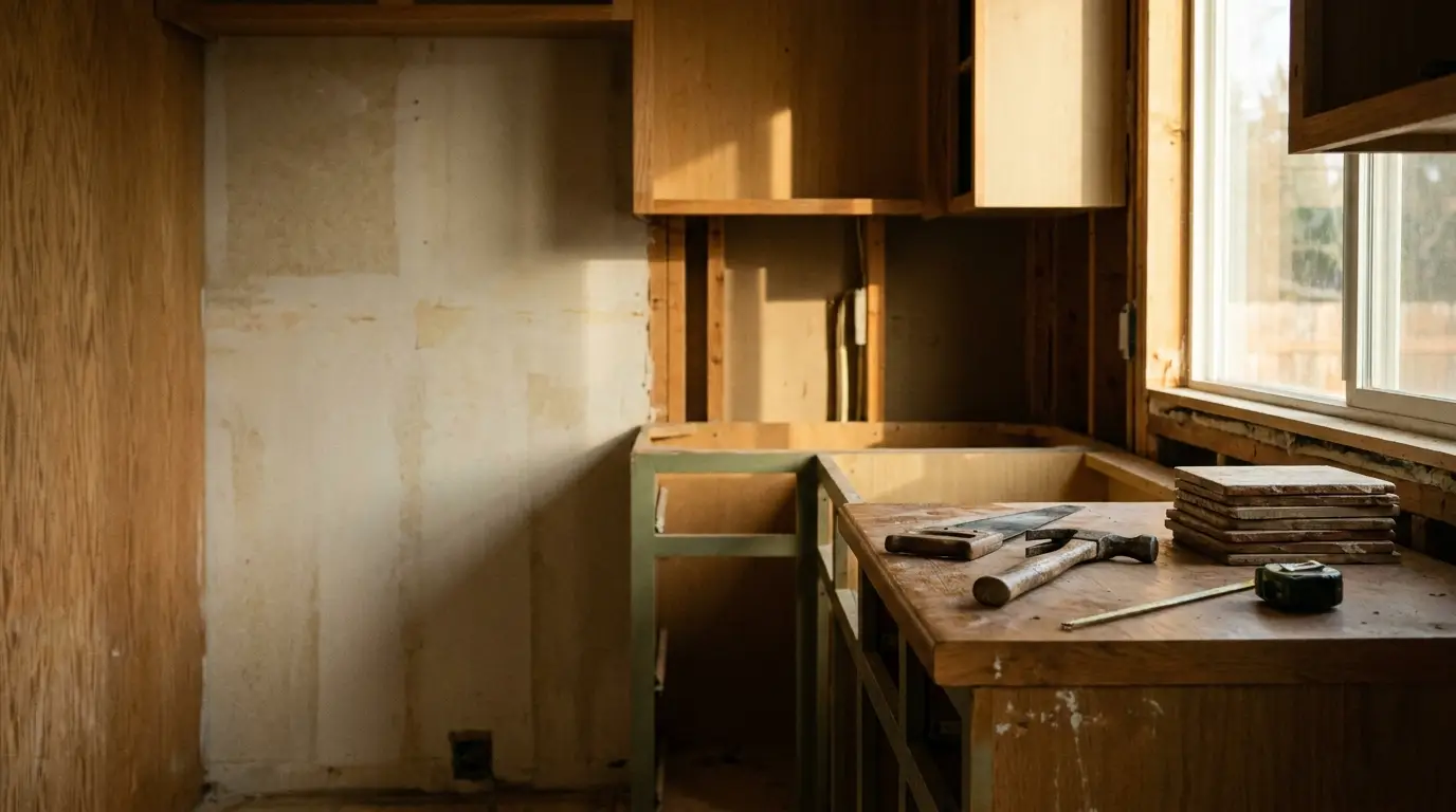 Renovation in progress in a kitchen with wooden cabinets, tools, and tiles on the counter
