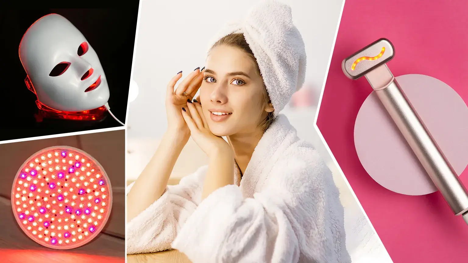 Woman with towel on head surrounded by skincare tools and LED light therapy devices