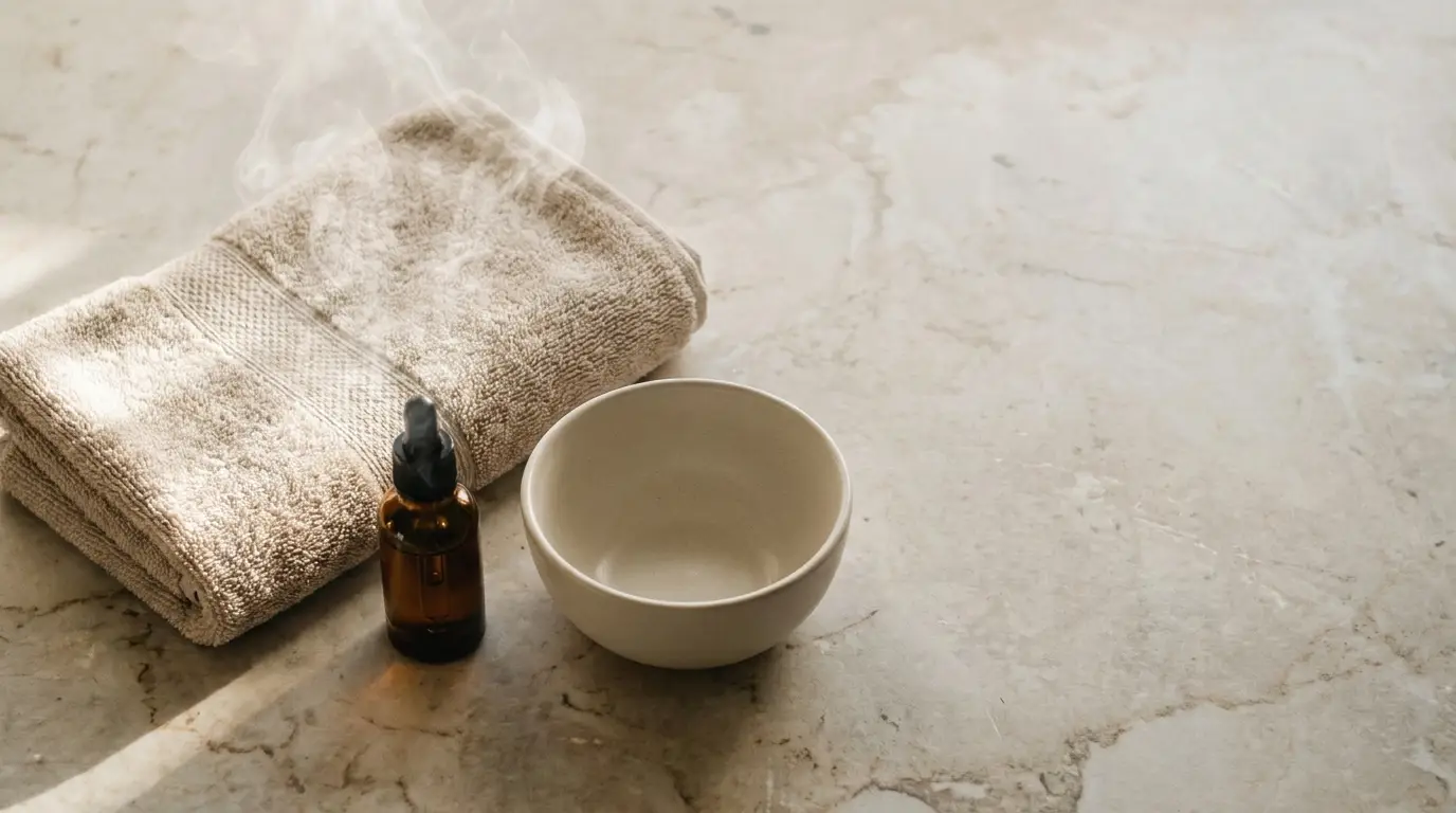 Steaming rolled towel with glass dropper bottle and bowl on marble surface