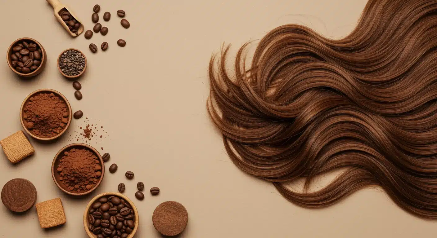 Lustrous brown hair styled in waves rests beside small wooden bowls containing coffee beans, cocoa powder, and coffee related ingredients on a beige background.