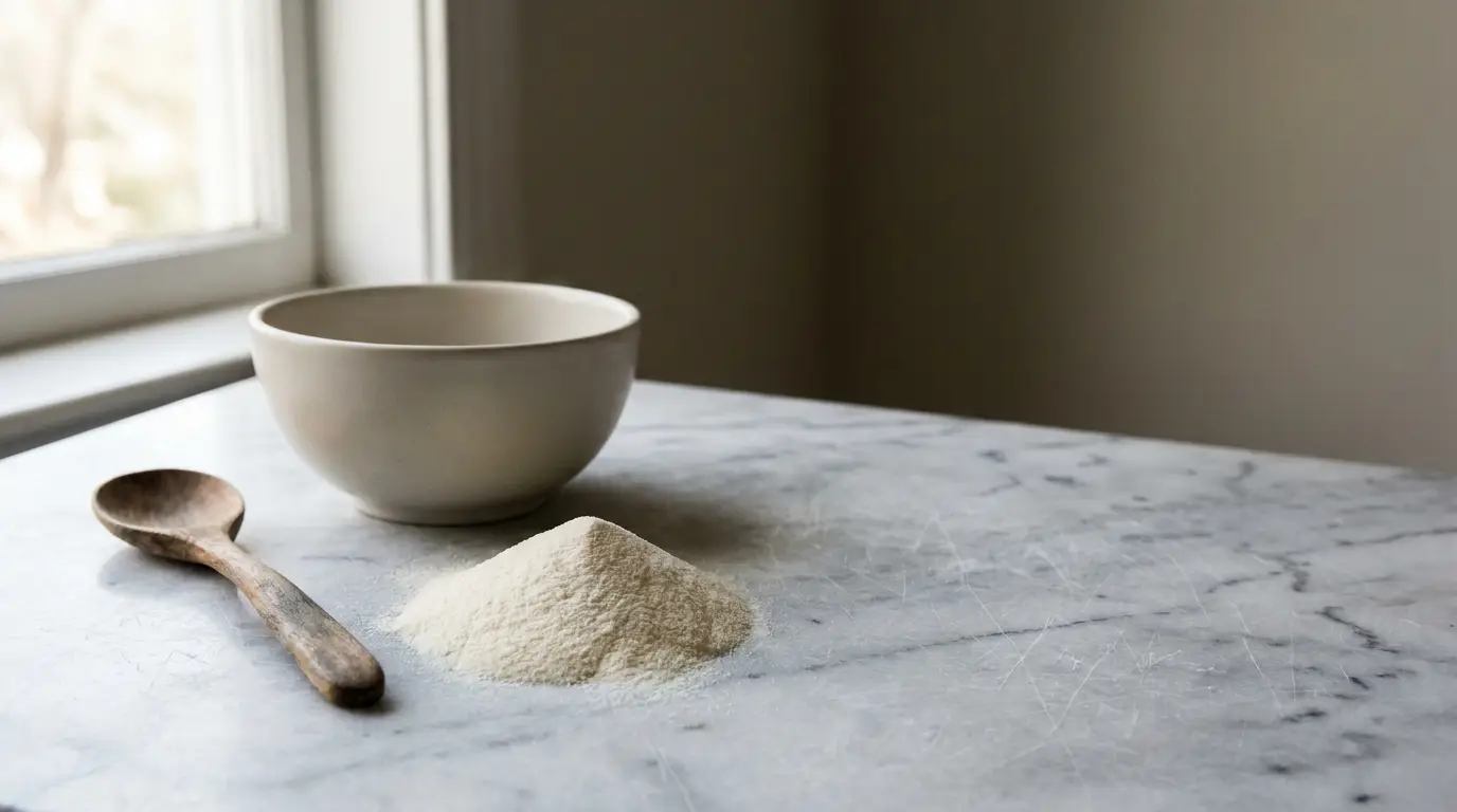 White ceramic bowl, wooden spoon, and flour pile on marble countertop near window