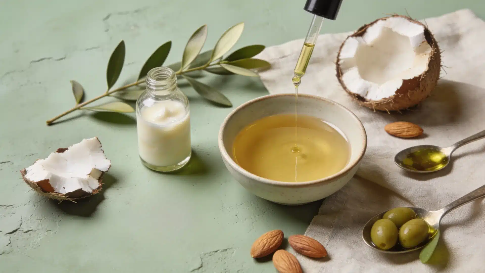 Natural oils and ingredients like coconut, almonds, and olives are displayed on a sage green surface for skincare formulation.