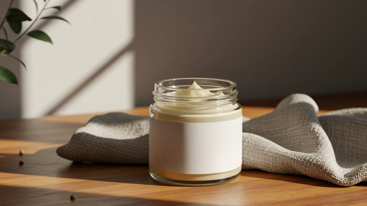 Open glass jar filled with beef tallow cream sits on a wooden surface next to textured fabric under natural light