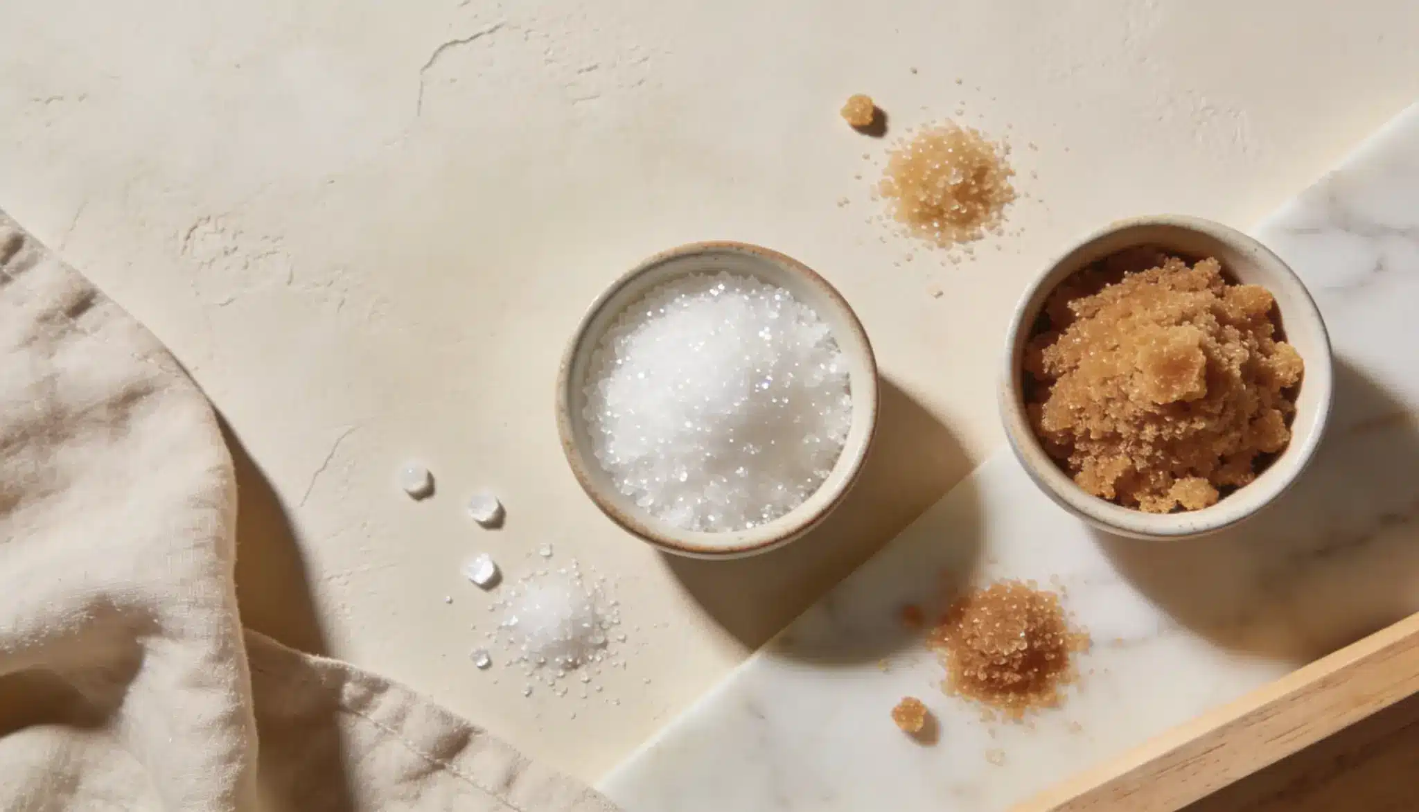 Overhead view of white granulated sugar and brown sugar in small bowls contrasting against a light textured background with linen fabric.