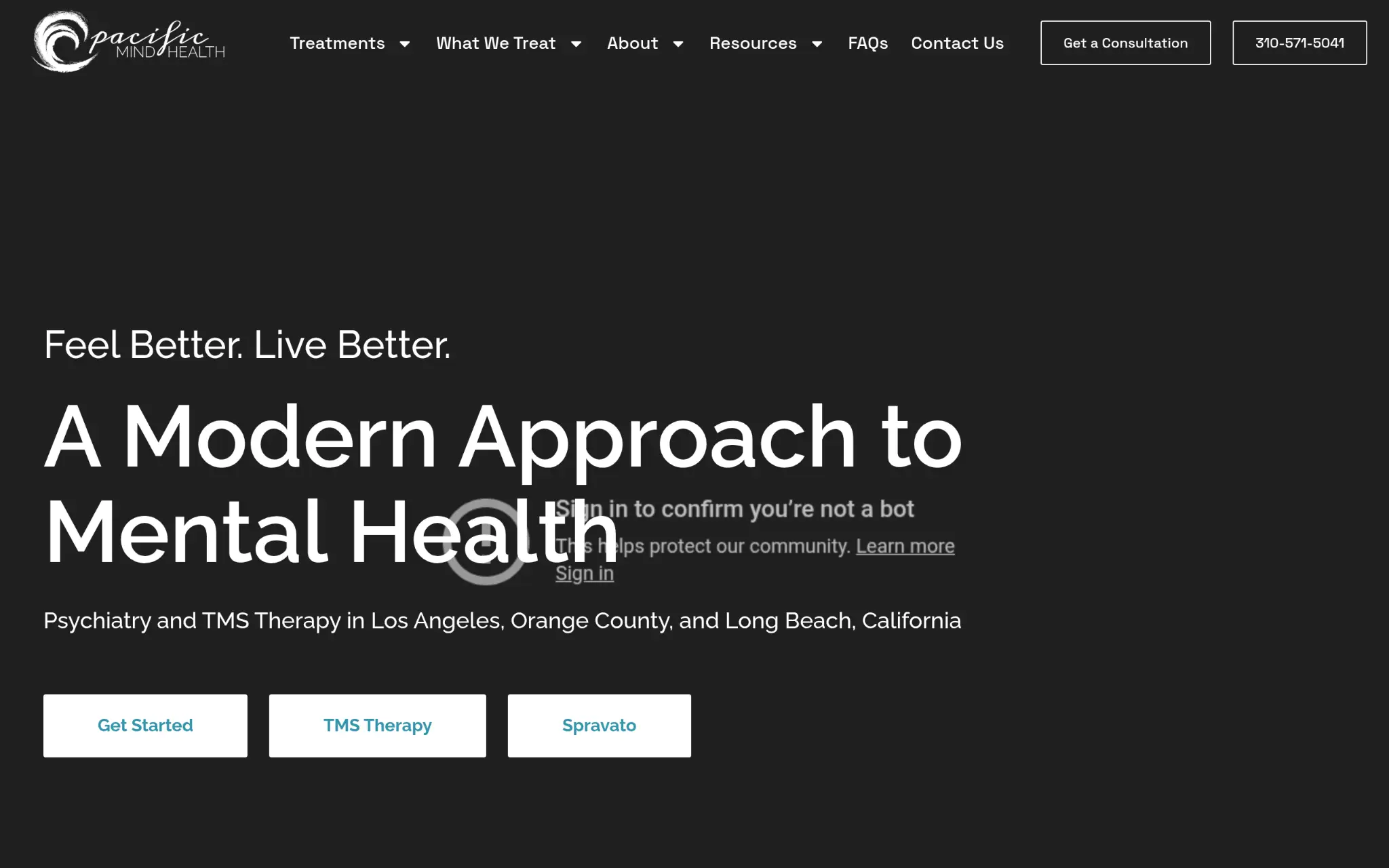 Dark website homepage with modern typography promoting mental health services and consultation buttons
