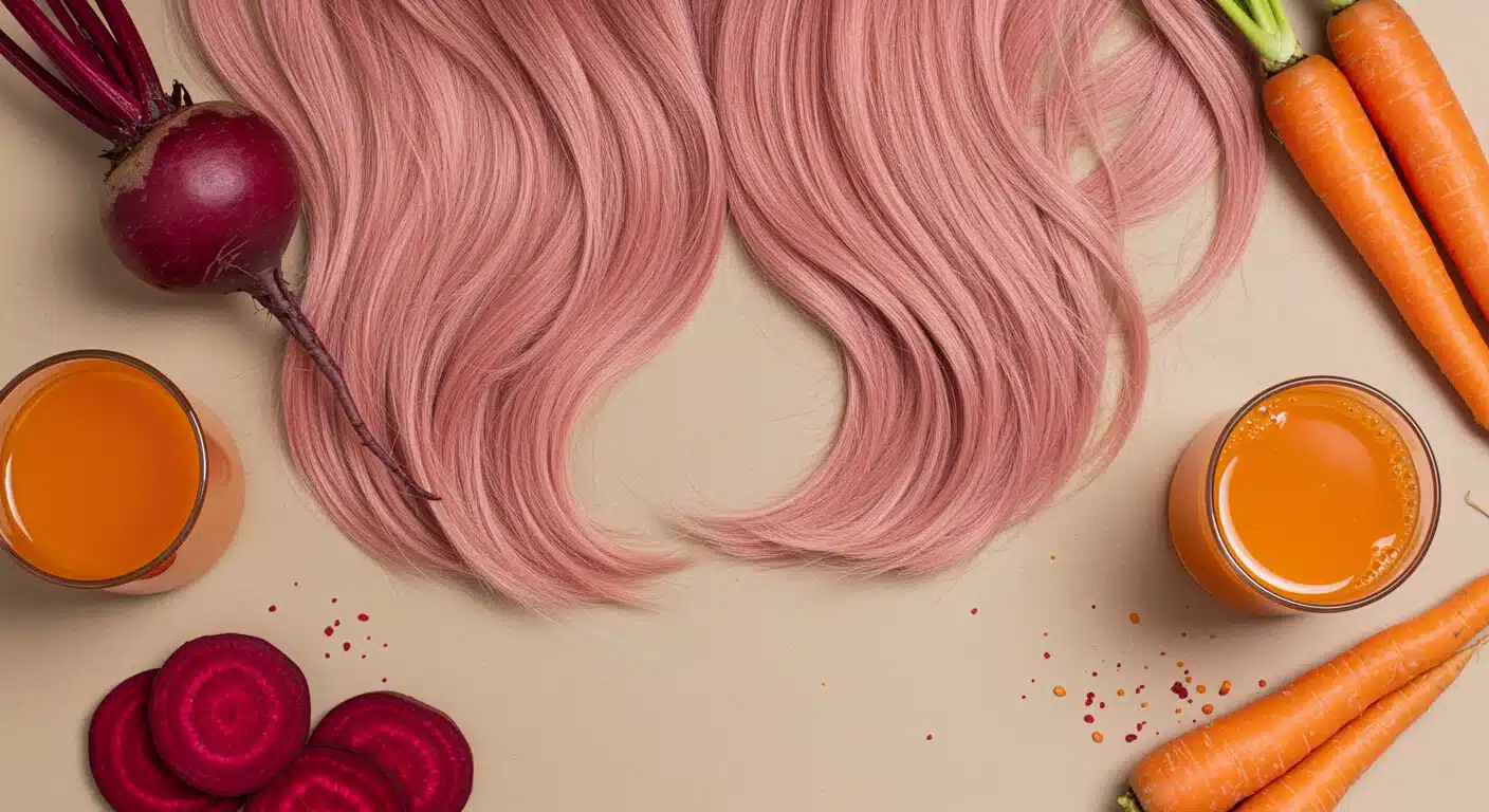 Pastel pink hair strands positioned between whole carrots, glasses of orange juice, and sliced beets on a neutral background.