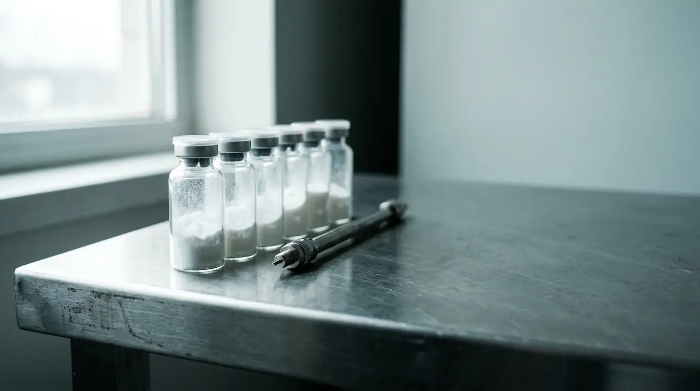 Vials of white powder on stainless steel table near window in bright lab setting