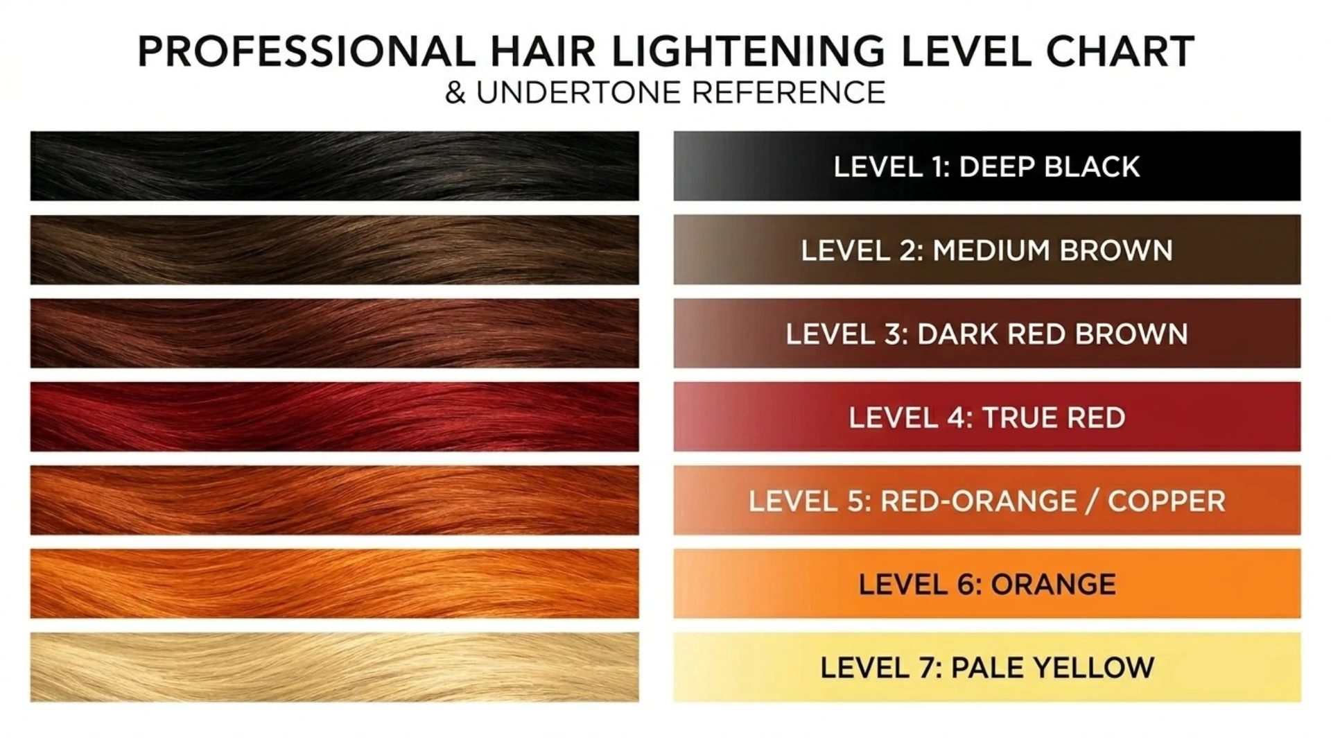 Professional hair lightening level chart showing seven stages of hair lightening from dark to light shades (1)