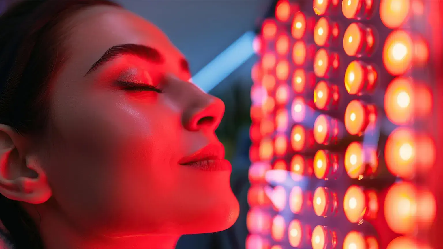 Person with closed eyes leaning towards red LED light therapy panel indoors
