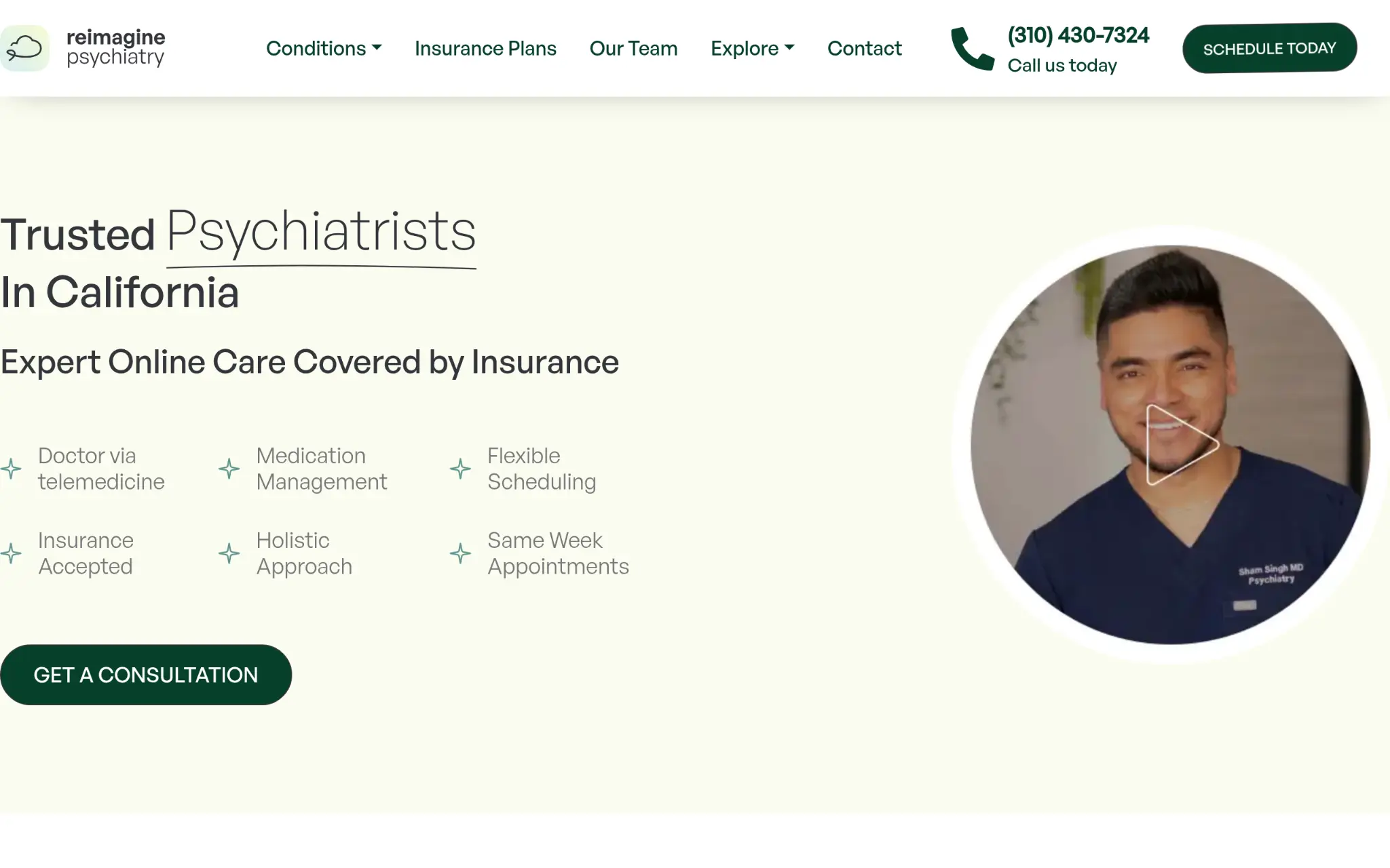 Psychiatrist in navy scrubs with play button on light green information webpage