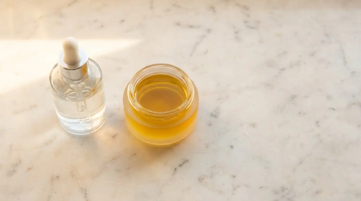 Amber-colored liquid in a jar next to a dropper bottle on marble surface