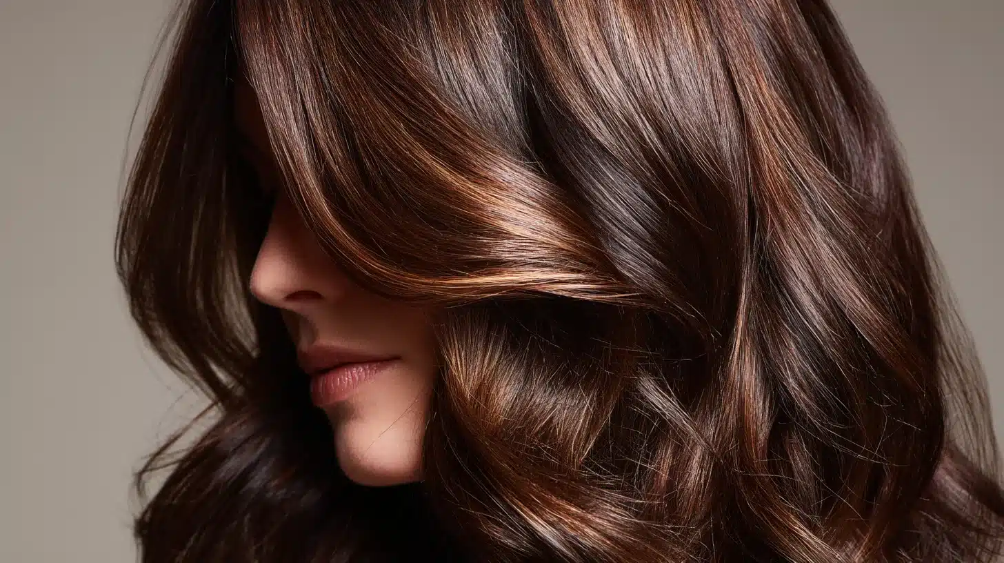 Side angle view of layered brunette hair with soft color highlights, face partially hidden, glossy salon finish