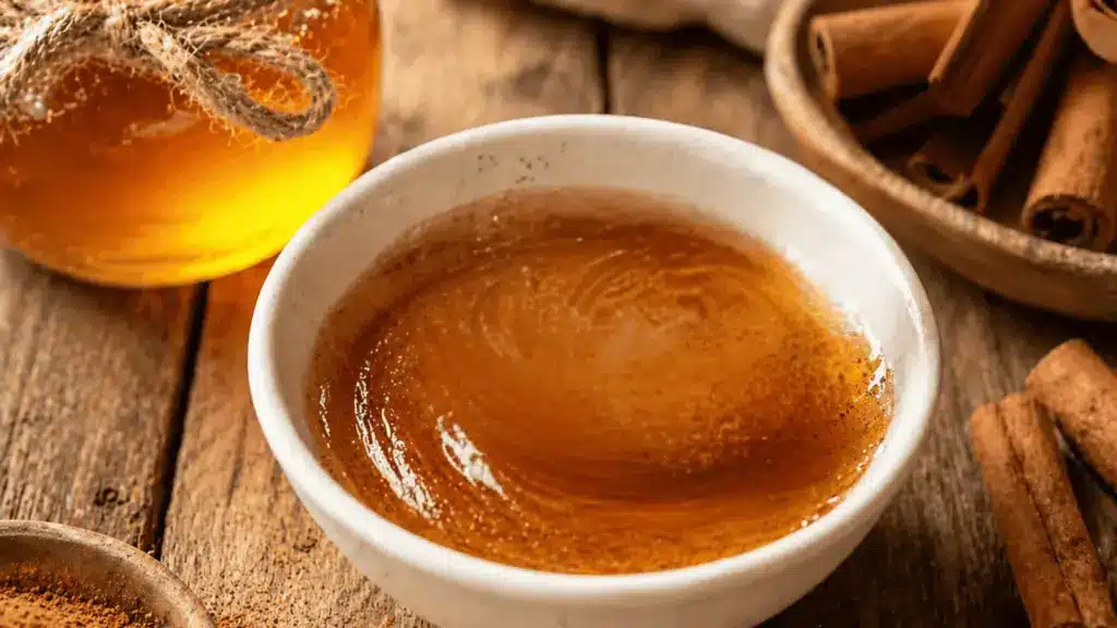 Small bowl of honey and cinnamon being stirred with wooden spoon on rustic wooden surface, cozy feel.