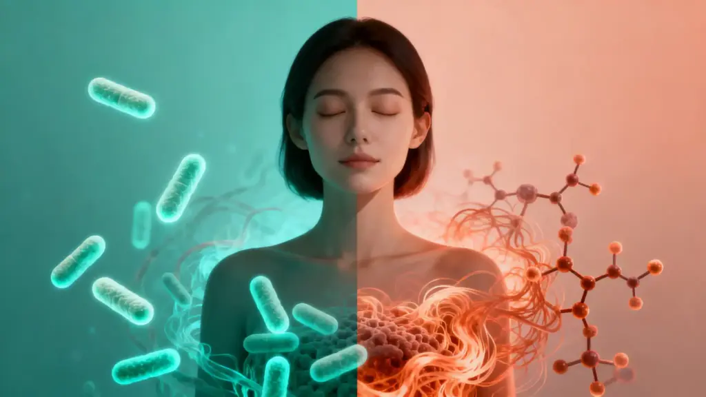 Split-image of a woman with closed eyes, surrounded by bacteria and molecular structures, teal and orange tones