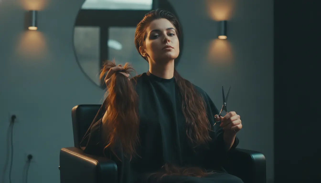 Person holding scissors and cut hair in modern salon chair under ambient light