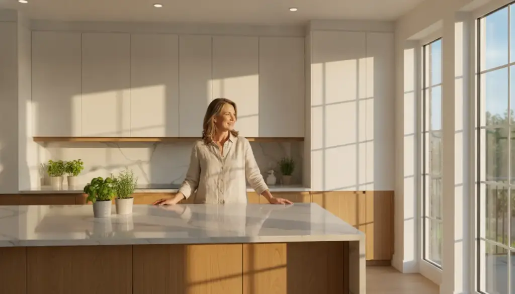 Woman standing at marble kitchen island with potted herbs in bright, sunlit kitchen