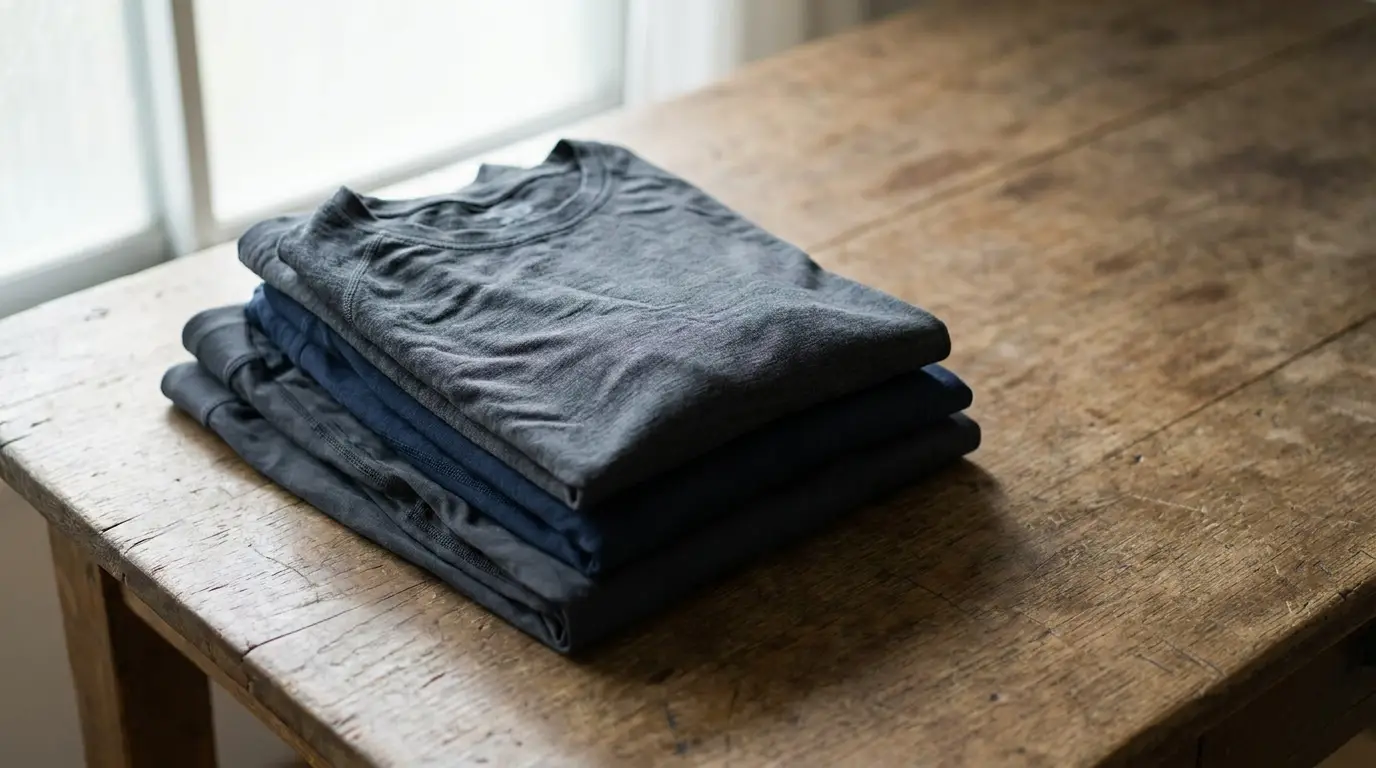 Folded dark-colored T-shirts stacked on rustic wooden table by window