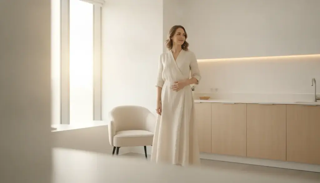 Woman in a light dress standing in a minimalistic kitchen with natural lighting