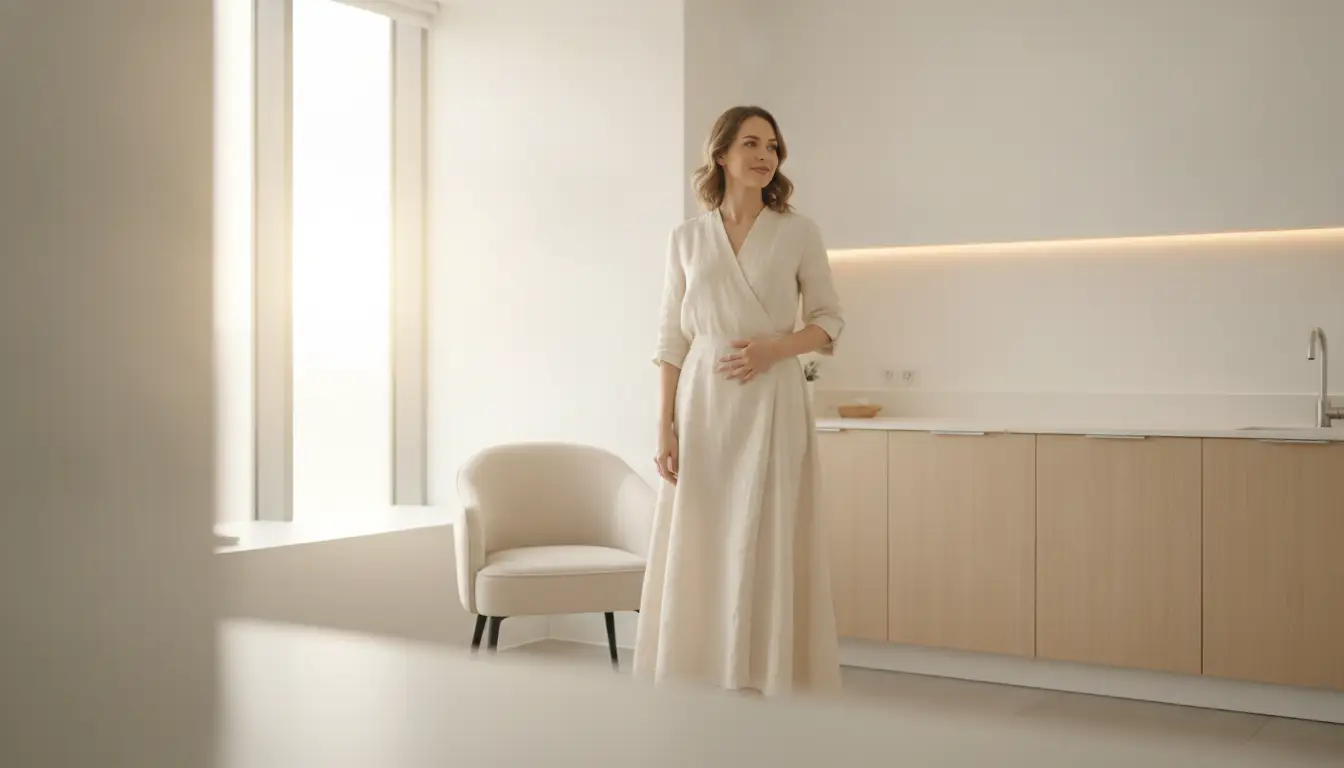 Woman in a light dress standing in a minimalistic kitchen with natural lighting