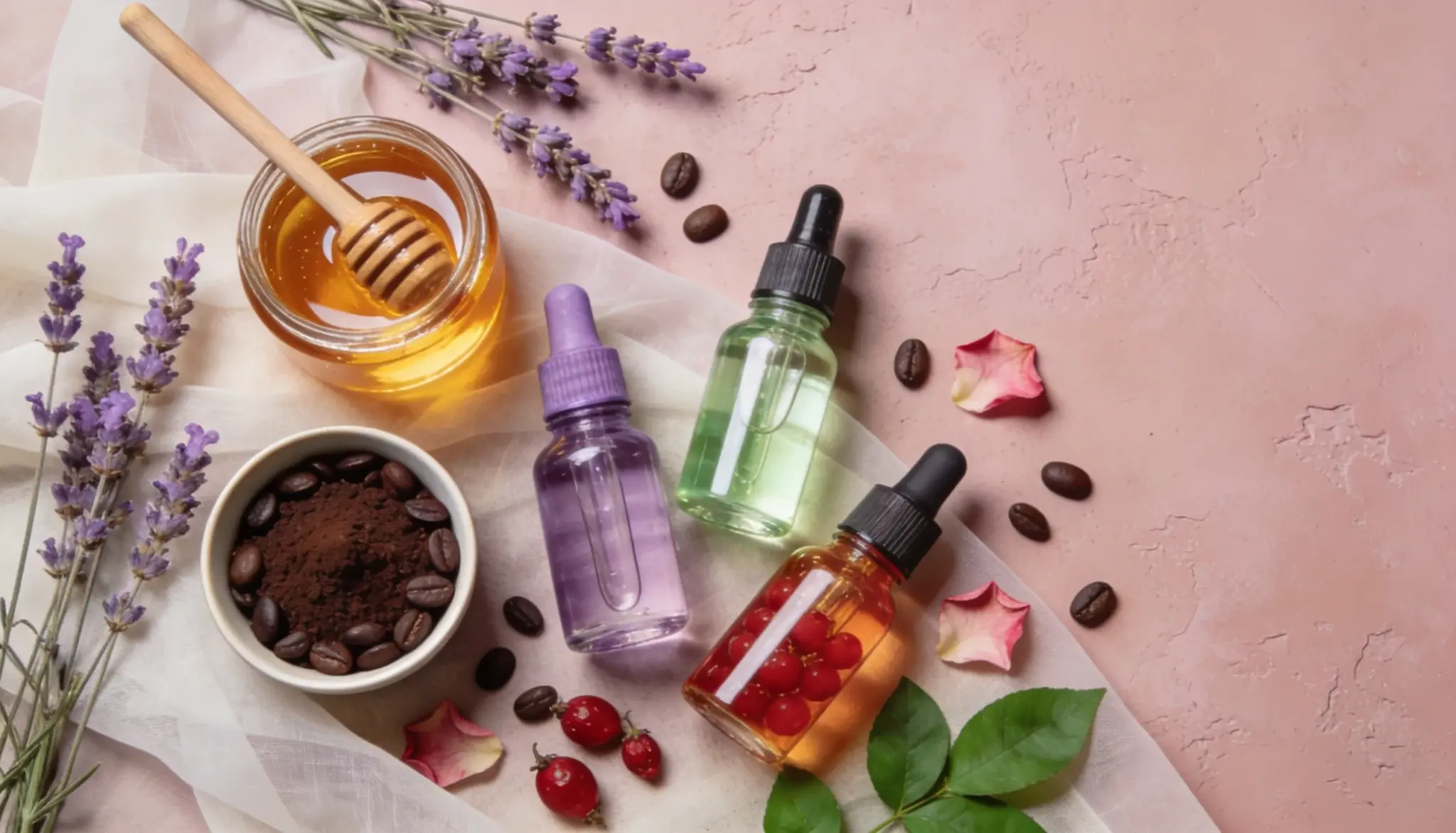 Three dropper bottles of essential oils surrounded by lavender, honey, coffee grounds, coffee beans, rose hips, and rose petals on a textured pink background.