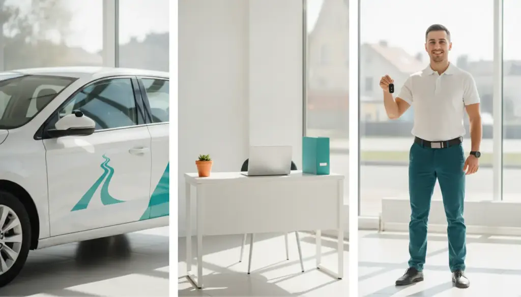 Car dealership showroom with new white car, modern desk setup, and man holding car key.
