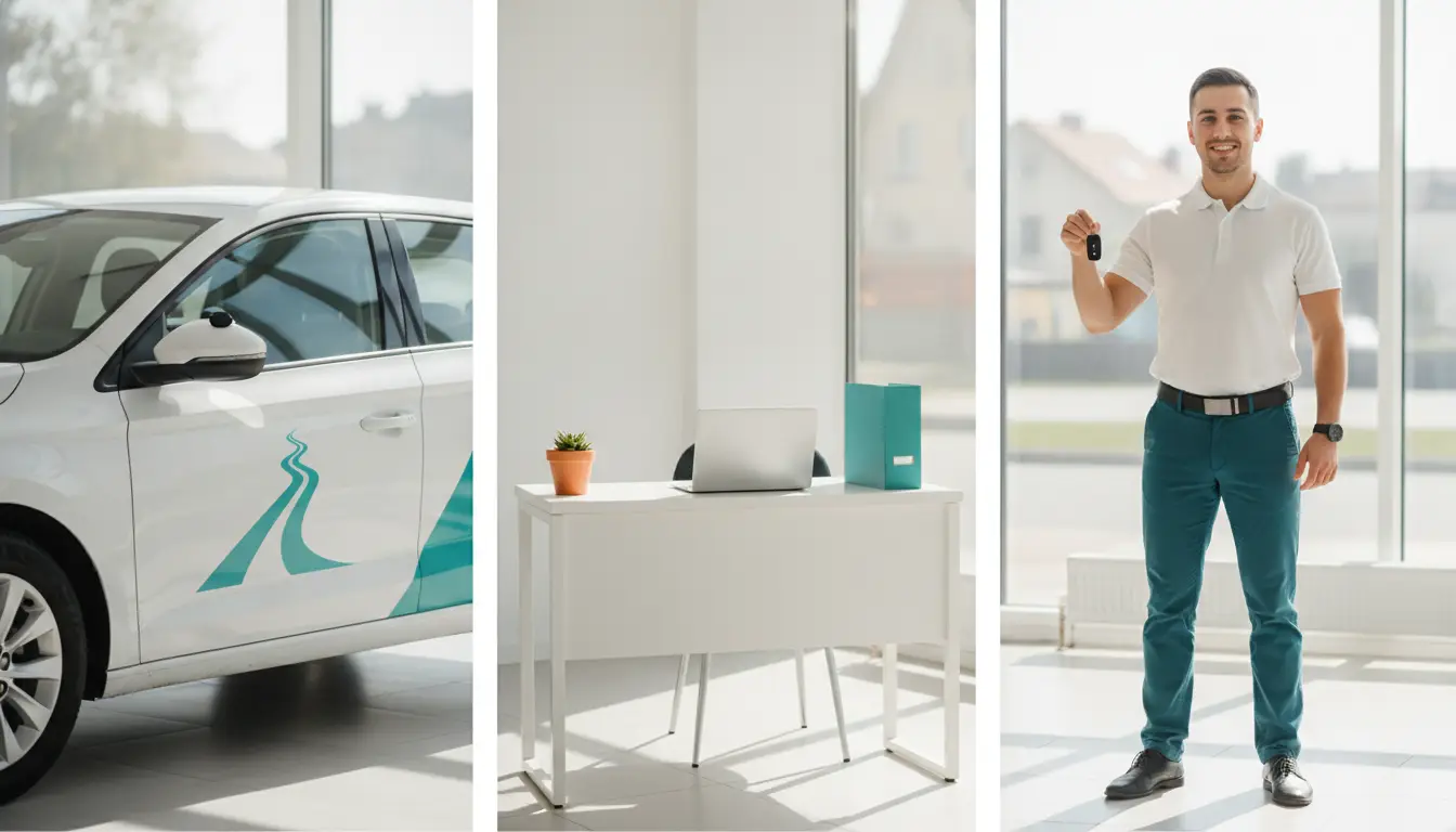 Car dealership showroom with new white car, modern desk setup, and man holding car key.