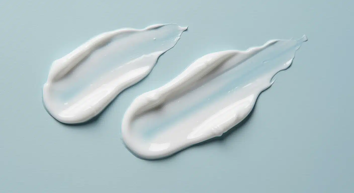 Two swirls of thick, white moisturizing cream are spread across a pale blue background