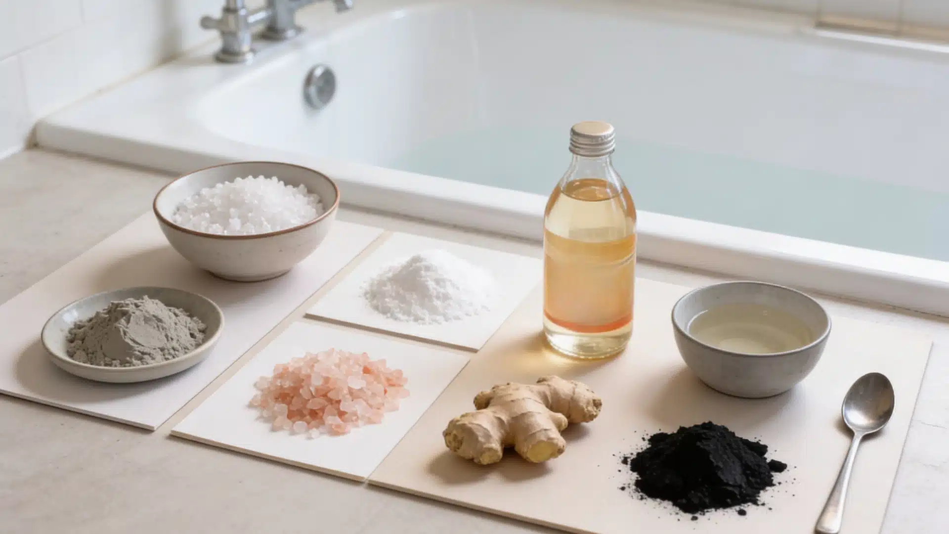 Various bath soak ingredients including Epsom salt, clay, pink salt, white powder, oil, activated charcoal, ginger root, and water are arranged before a white bathtub.