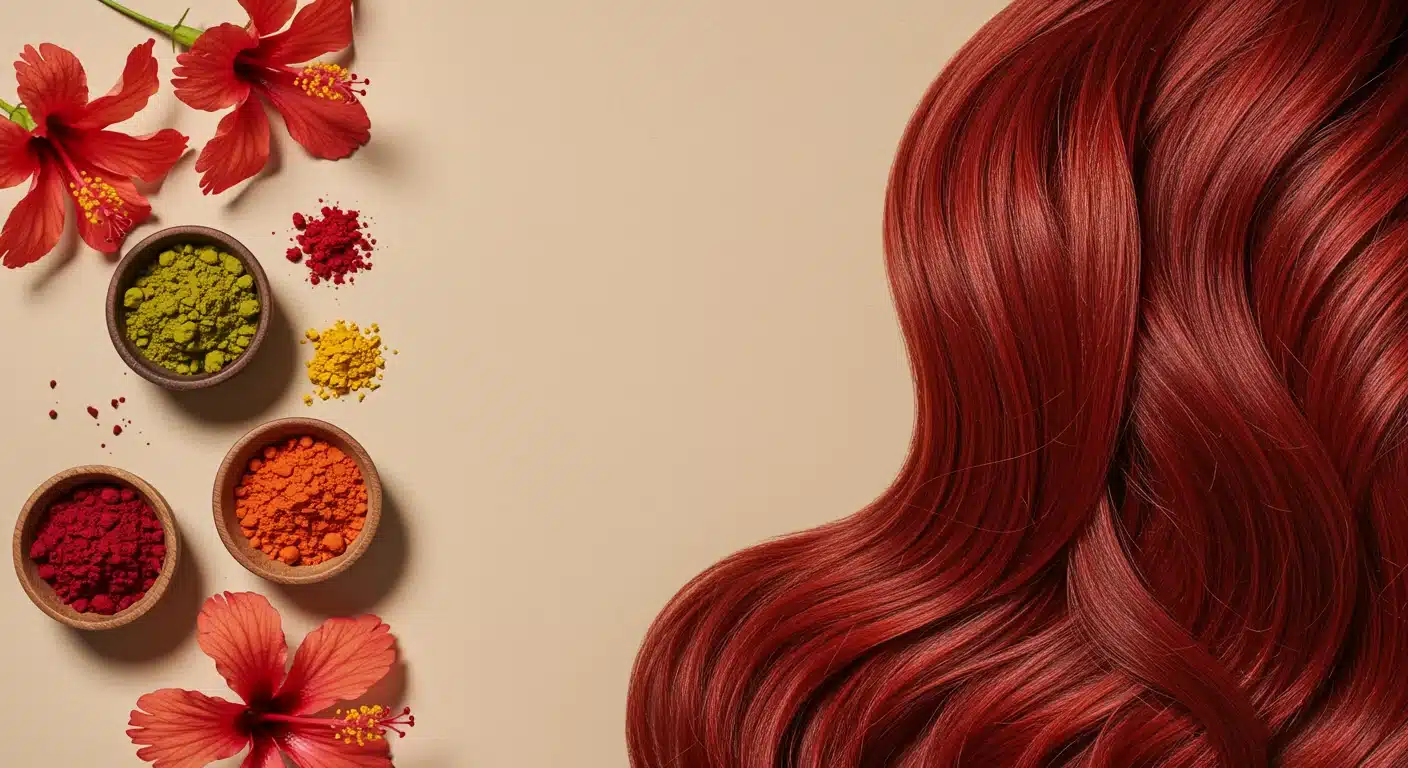 Vibrant red hair color sample displayed next to bowls of colored powder pigments and red hibiscus flowers on a beige background.
