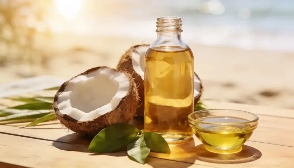 Virgin coconut oil in a glass bottle and bowl sits on a wooden surface with split coconuts and green leaves backlit by bright sun on a beach