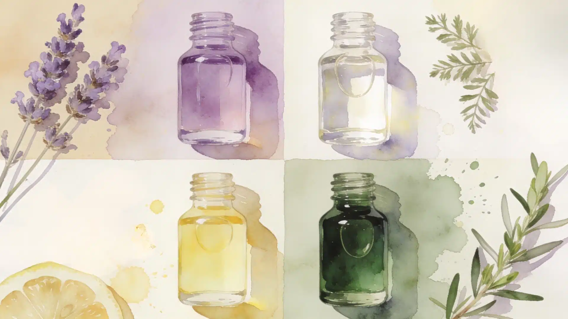 Watercolor illustration featuring four essential oil bottles surrounded by lavender, lemon, and rosemary botanicals on a pastel background.