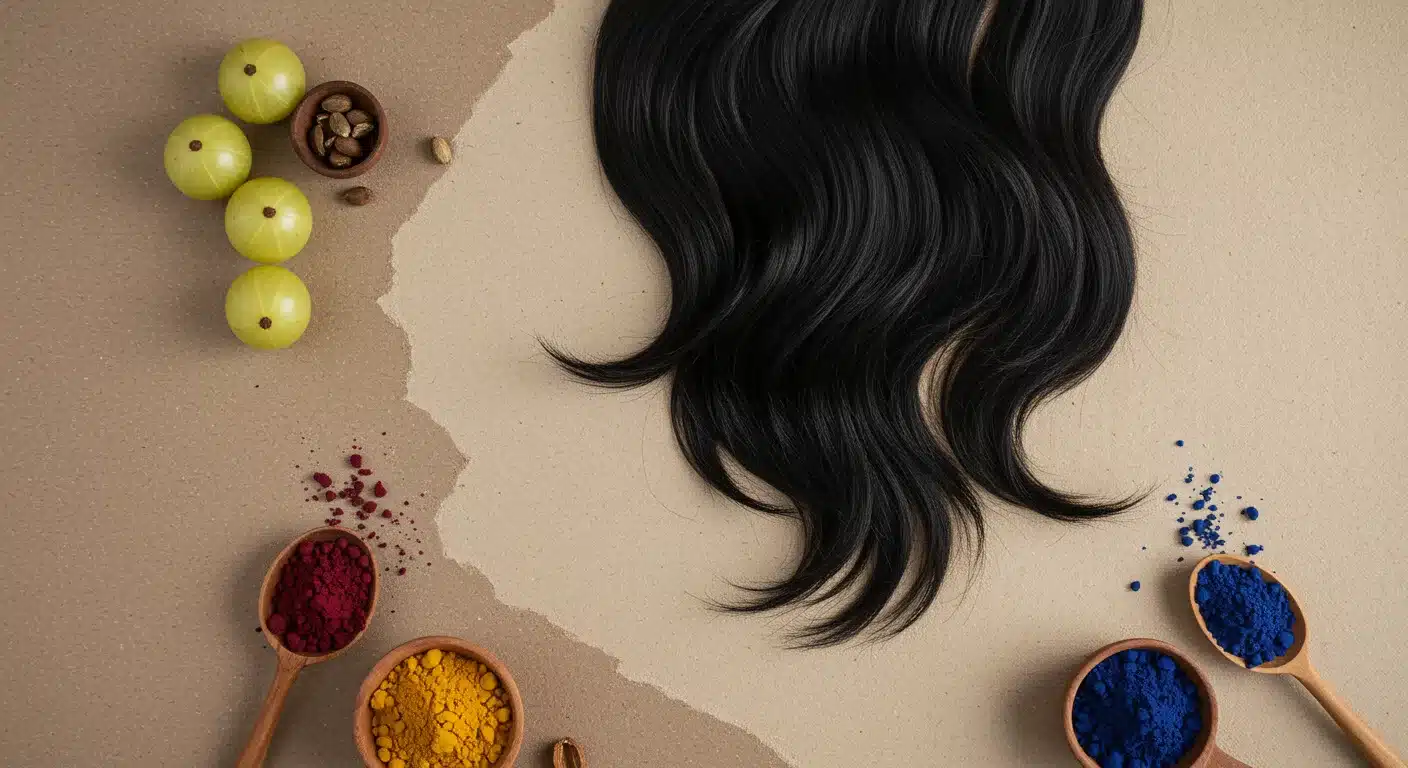 Wavy black hair swatch displayed alongside amla berries, seeds, and spoonfuls of red, yellow, and blue natural powders on a beige background.