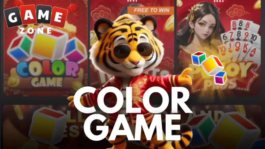 Cartoon tiger in sunglasses and red jacket with colorful dice on vibrant game poster background