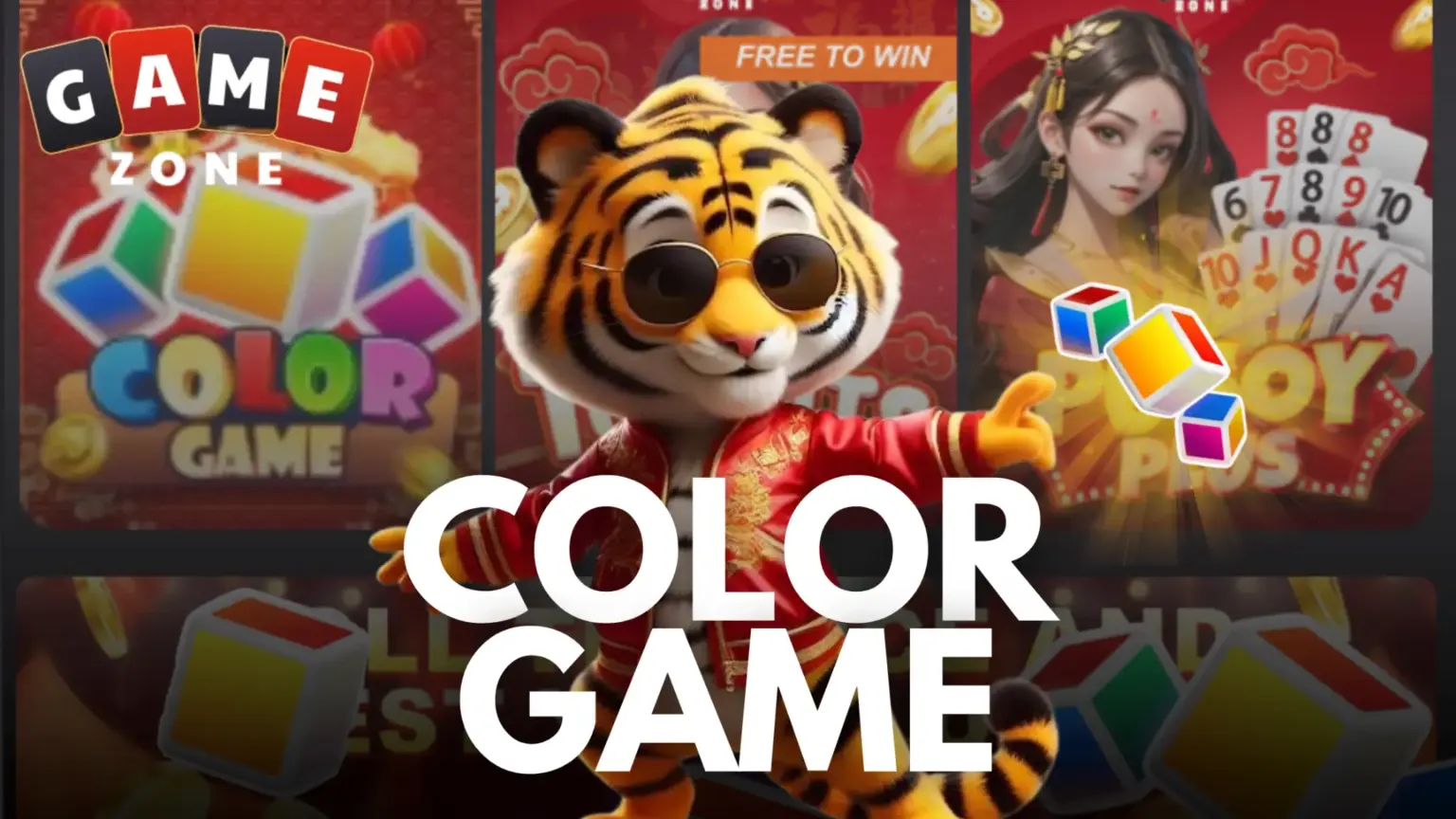 Cartoon tiger in sunglasses and red jacket with colorful dice on vibrant game poster background