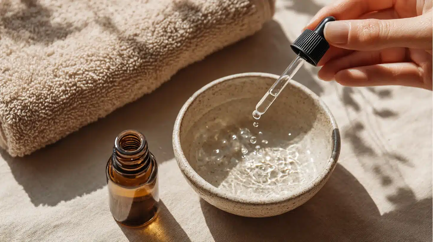 A hand uses a dropper to dispense oil into a small ceramic bowl next to an amber essential oil bottle and a rolled beige towel