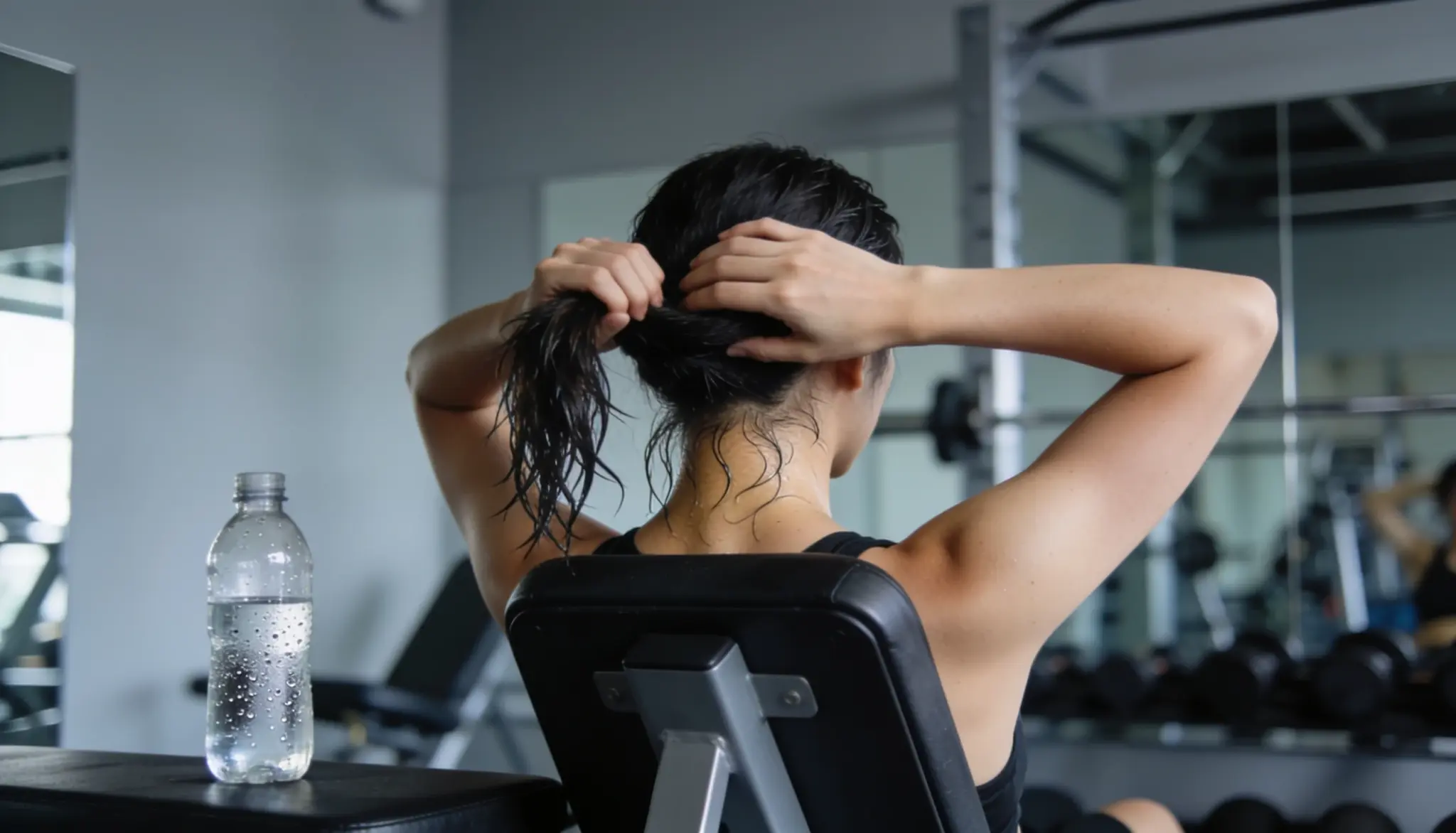 Woman with sweaty hair after a gym workout