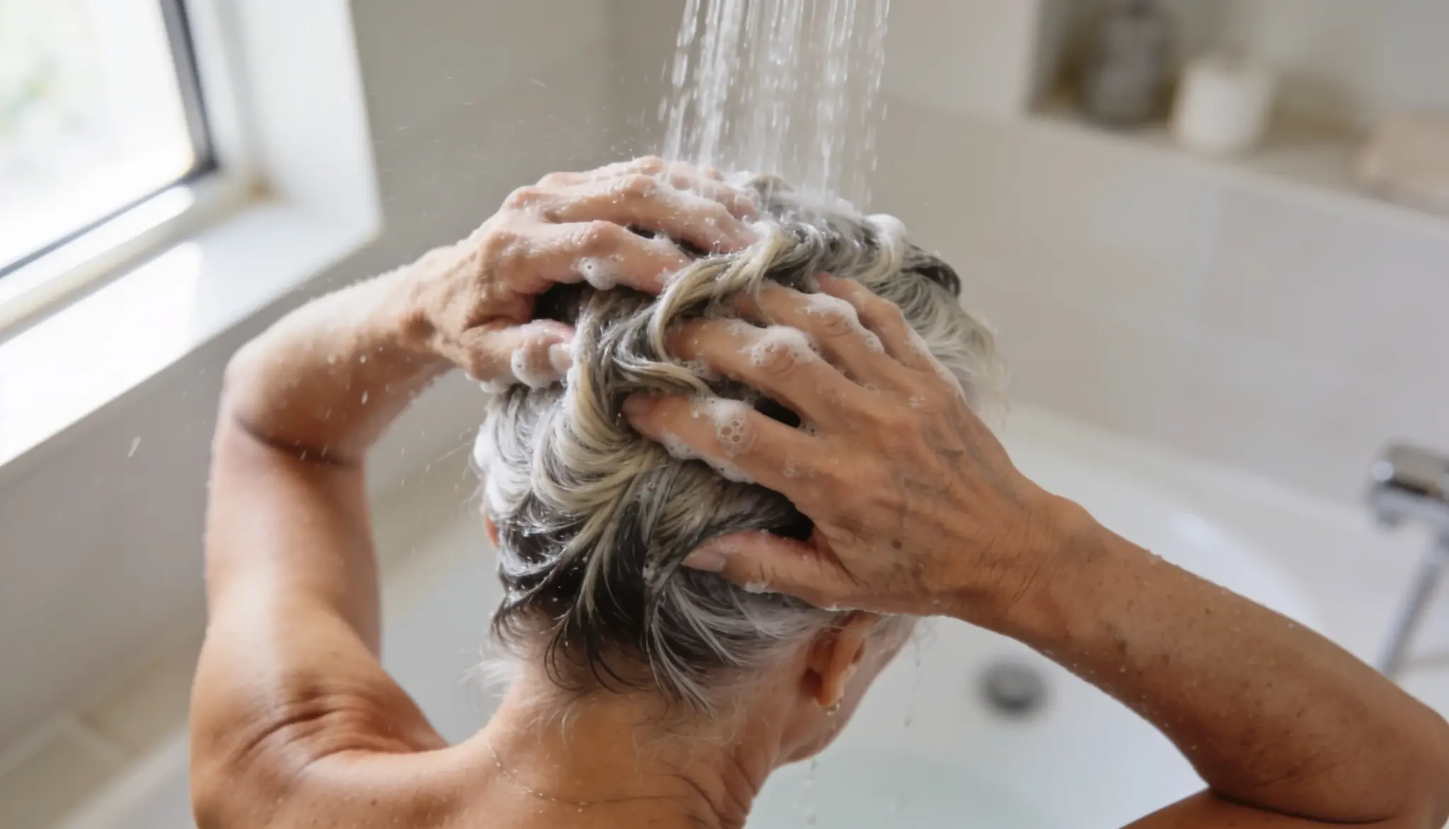 an old women washing hair