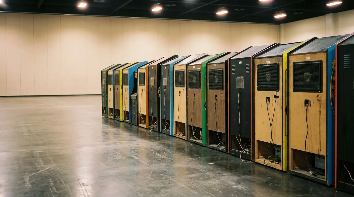 Row of vintage arcade machines in spacious industrial setting with polished concrete floor