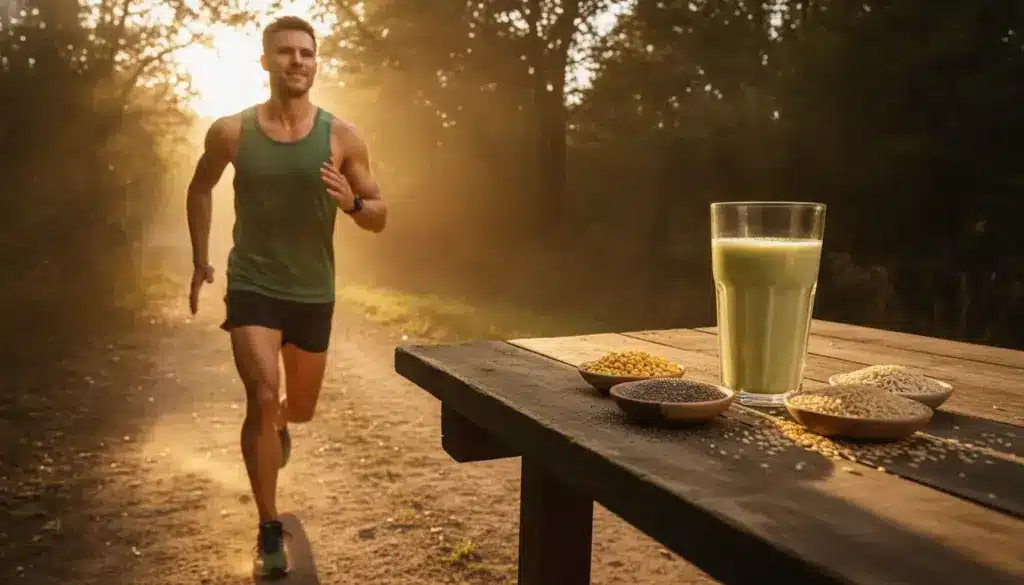 Man jogging on forest path with protein smoothie and grains on wooden table nearby