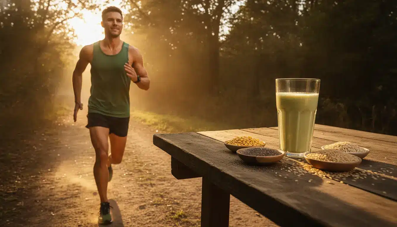 Man jogging on forest path with protein smoothie and grains on wooden table nearby