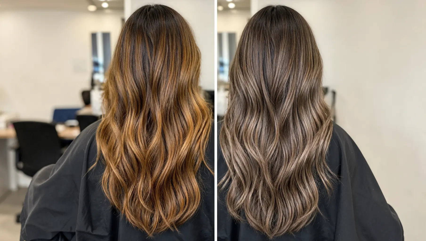 Before and after blue shampoo results on brunette balayage hair showing reduced orange brassiness and cooler tones.