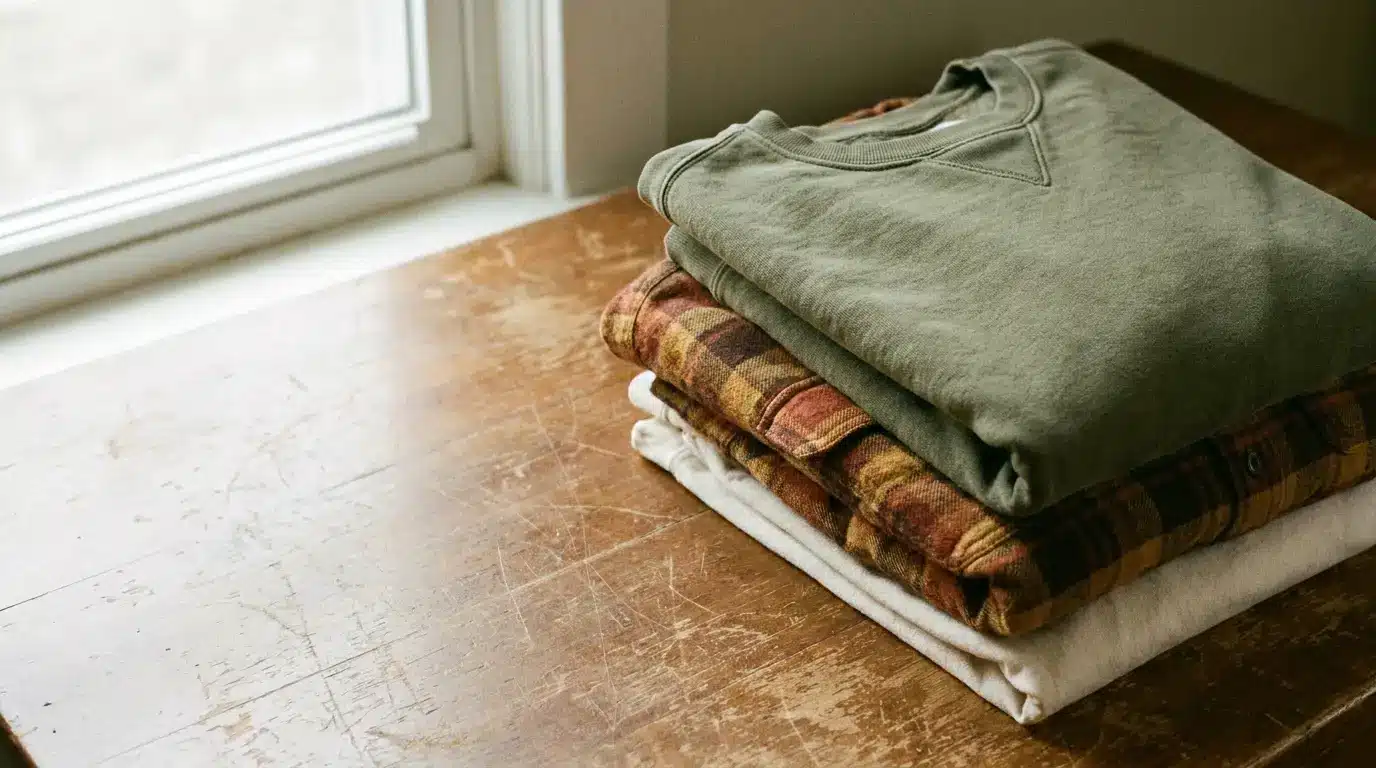 Stack of folded clothing on wooden table by a window in natural light