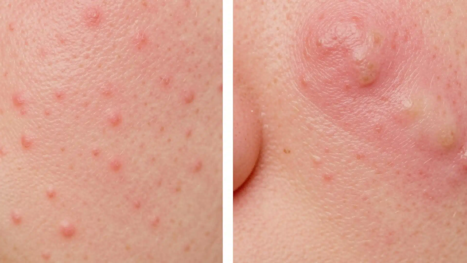Close-up side-by-side view comparing skin purging on the left with breakout on the right.