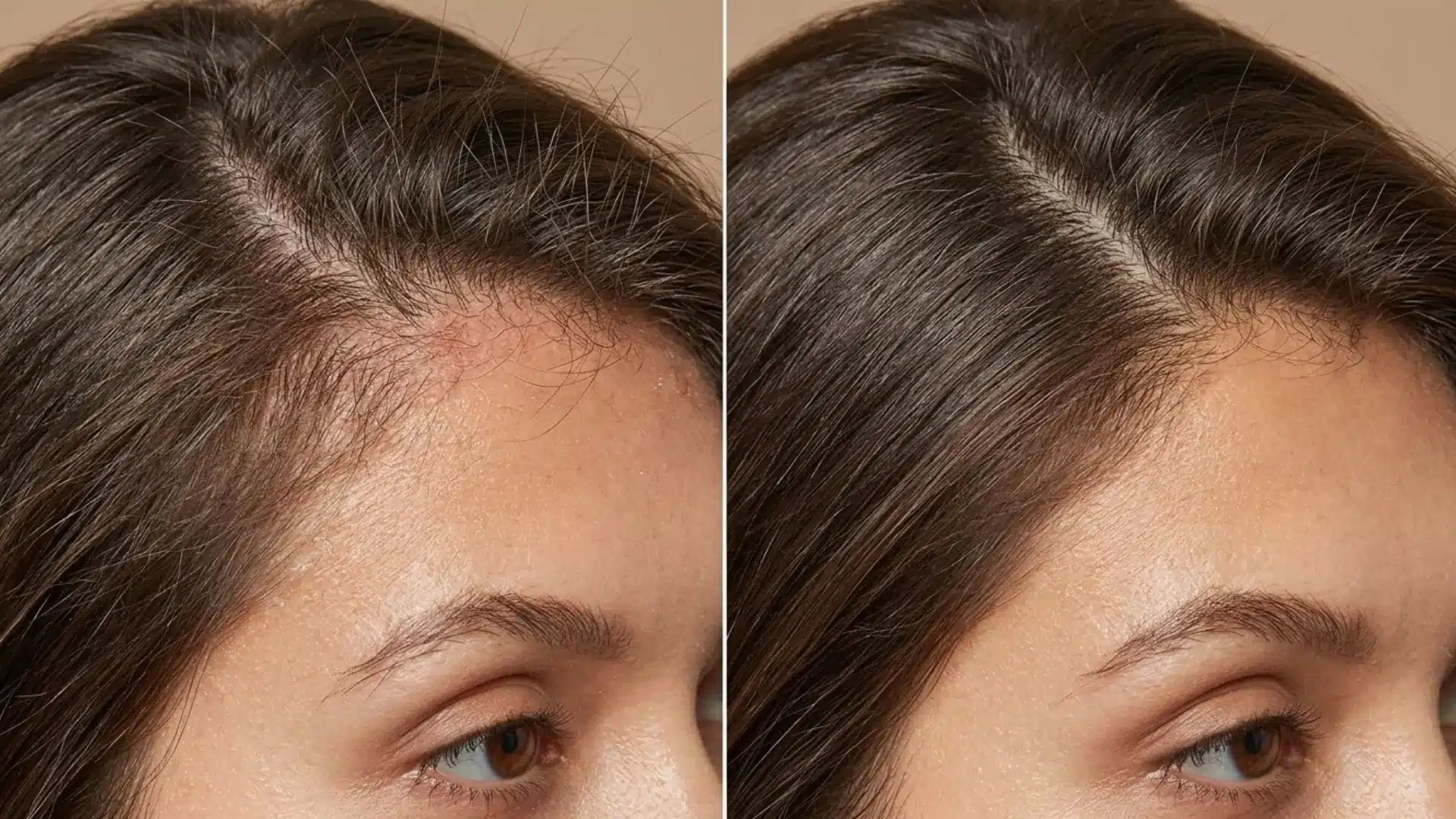 Before and after comparison of hairline growth, showing thinner baby hairs on the left and fuller hair on the right.