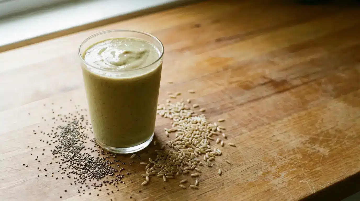 Glass of green smoothie with chia seeds and brown rice on wooden table